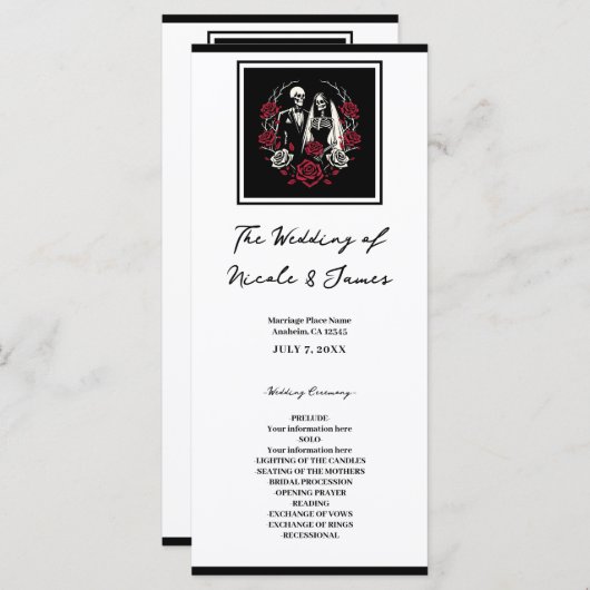 Rouge et noir blanc Rose Skeleton Mariage Menu (Devant / Derrière)