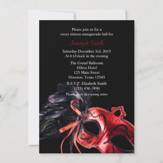 Rouge et noir Masquerade Sweet 16 Ball Invitation (Dos)