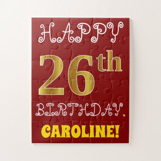 Rouge, Faux Gold 26e anniversaire + Puzzle de nom (Vertical)