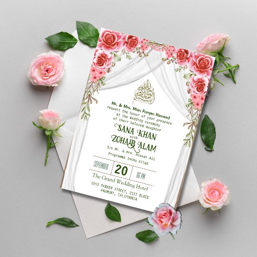 Rouge Floral Nikah Faire-part de mariage islamique