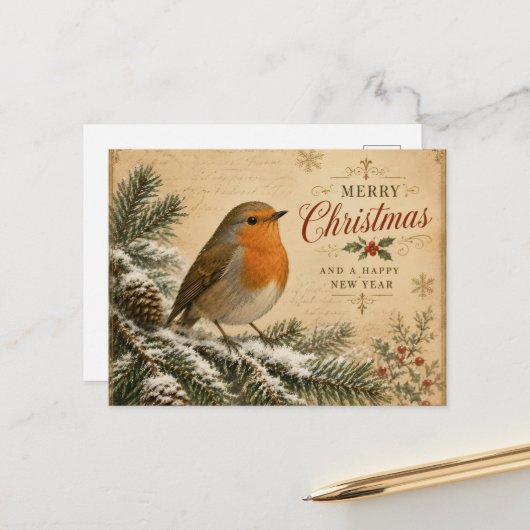 rouge-gorge sur un arbre carte de Noël (Devant/Arrière en situation)