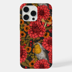 Rouge-gorges dans le jardin d'automne, dahlias rou
