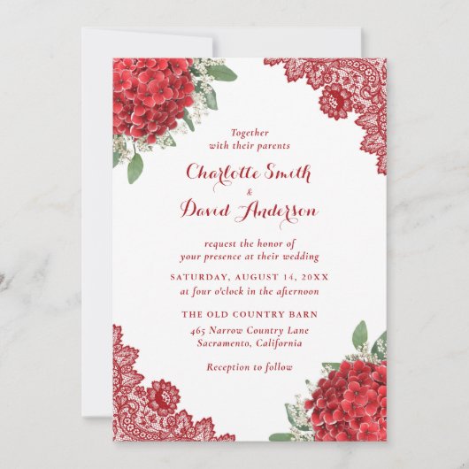 Rouge Hydrangea Floral Faire-part de mariage dente (Devant)