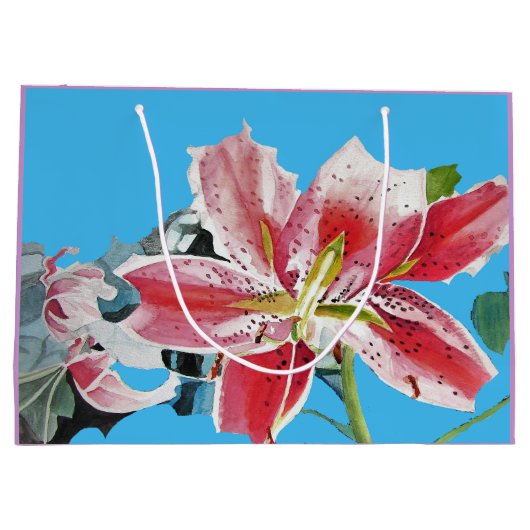 Rouge Lily Fleurs Floral Aquarelle Bleu Sac cadeau (Dos)