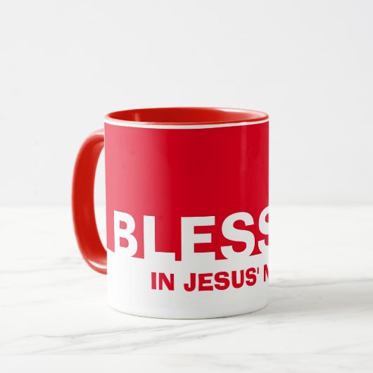 Rouge moderne BLESSÉ Au Nom De Jésus Mug Chrétien (Devant gauche)