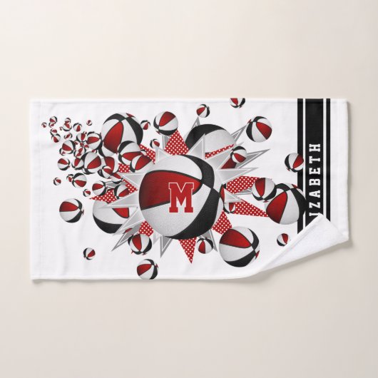 rouge noir basketballs stars filles monogrammed (Serviette à main)