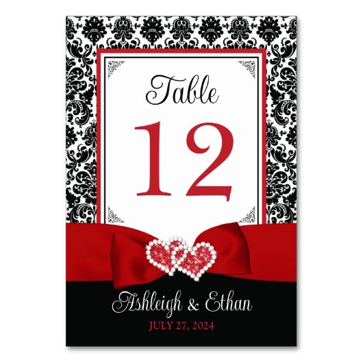 Rouge, Noir Coeurs d'Amour Mariage Numéro de table (Par défaut)