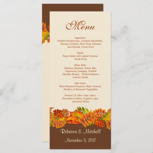 Rouge or Feuilles d'automne Mariage Menu Carte Rac (Devant / Derrière)