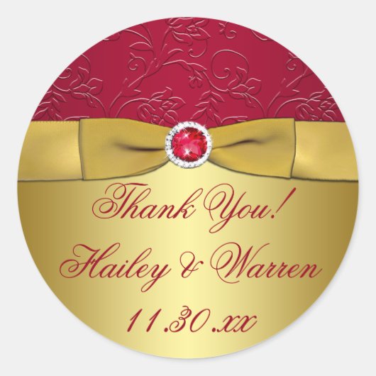 Rouge, Or Floral Mariage Favor Sticker Merci (Devant)