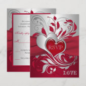 Rouge, Parchemins d'Argent, Cartes RSVP Cœurs (Devant / Derrière)