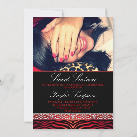 Rouge Photo Zebra Print Sweet16 invitation d'anniv (Devant)