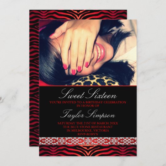 Rouge Photo Zebra Print Sweet16 invitation d'anniv (Devant / Derrière)