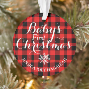 Rouge Plaid First Christmas Photo personnalisée po