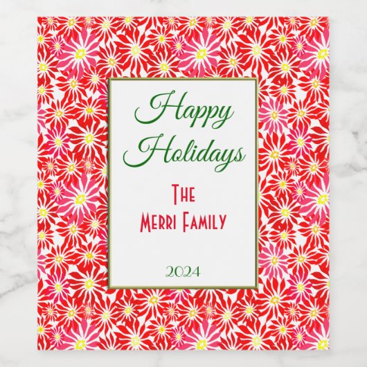 Rouge Poinsettia Fleurs Vacances Étiquette bouteil (Étiquettes simples)