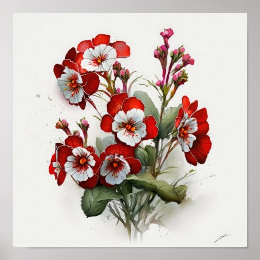 Rouge Primrose Fleurs Art Affiche d'impression (Devant)