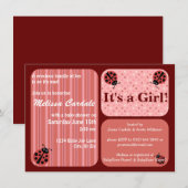 Rouge rose Ladybug Baby Shower Invitations Fille (Devant / Derrière)