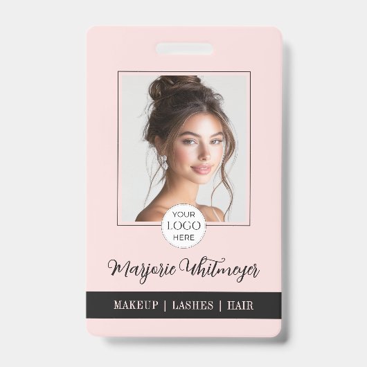 Rouge Roze Script Logo Foto QR Code Make-up Badge (Voorzijde)