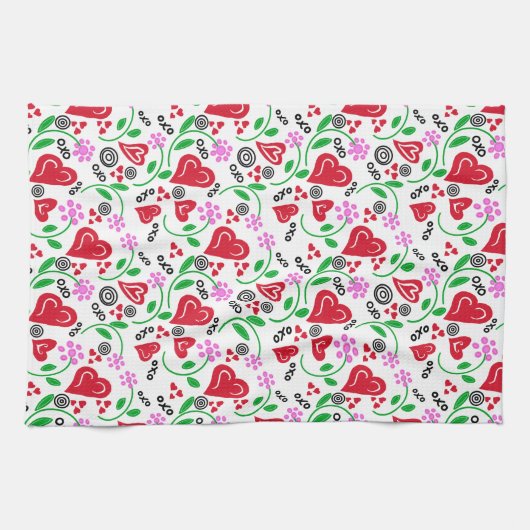 Rouge Saint Valentin Coeurs Fleurs roses Serviette (Horizontal)