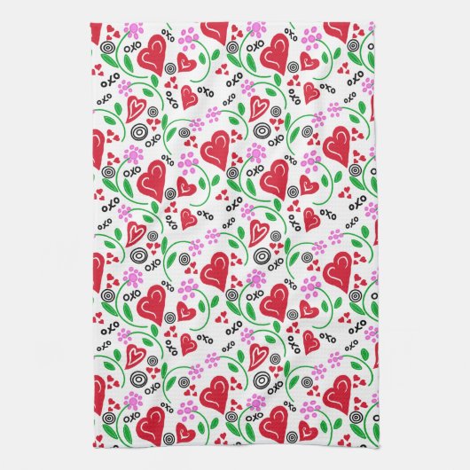 Rouge Saint Valentin Coeurs Fleurs roses Serviette (Vertical)