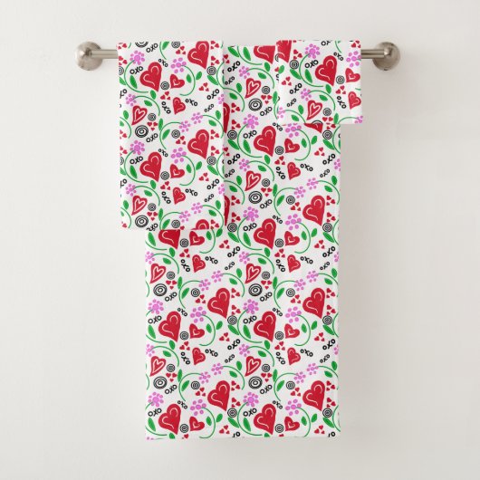 Rouge Saint Valentin Coeurs Rose Fleurs Serviette (En situation)