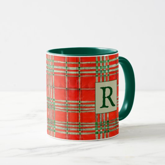ROUGE SCOTT TARTAN Hunter Mug Combo Vert + Initial (Devant droit)