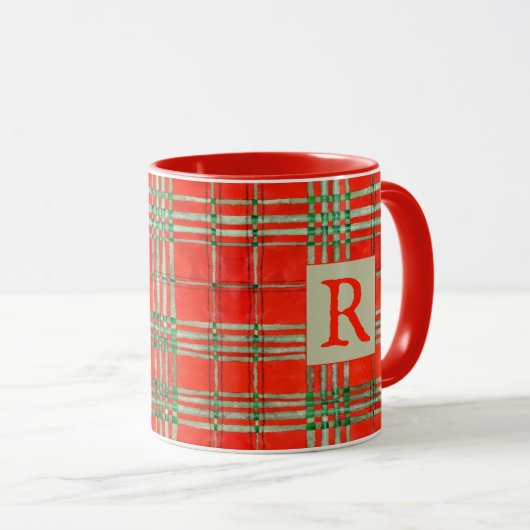 ROUGE SCOTT TARTAN Rouge Combo Mug + Initiale (Devant droit)