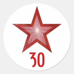 Rouge Star "30" âge autocollant rond blanc