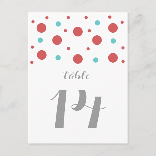 Rouge Turquoise Confetti Numéro de table Carte pos (Devant)