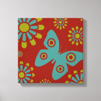 Rouge Turquoise Fleurs vertes Papillon Toile
