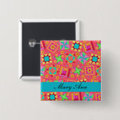 Rouge Turquoise Patchwork Quilt Nom Badge (Devant & derrière)