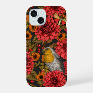 Rouges-gorges dans le jardin d'automne, dahlias ro