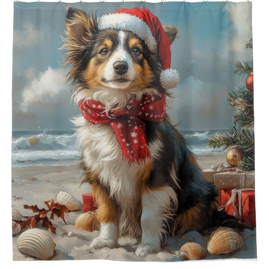 Rough Collie Dog Christmas  Beach Douchegordijn (Voorkant)