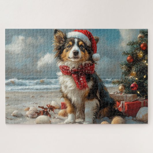 Rough Collie Dog Christmas  Beach Legpuzzel (Horizontaal)
