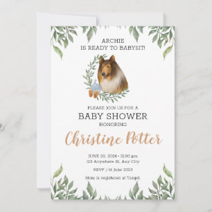 Rough Collie Dog Greenery Boho Baby shower Kaart