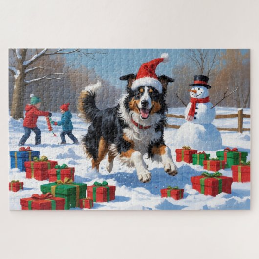 Rough Collie Hardlopen in Sneeuw Met Kerst Pet Legpuzzel (Horizontaal)