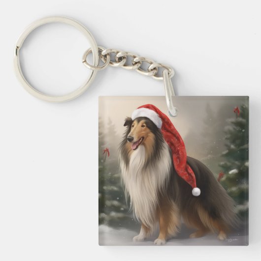 Rough Collie Hond in Sneeuw Kerstmis Sleutelhanger (Voorkant)