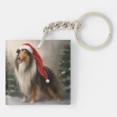 Rough Collie Hond in Sneeuw Kerstmis Sleutelhanger (Achterkant)