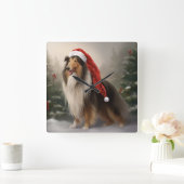 Rough Collie Hond in Sneeuw Kerstmis Vierkante Klok (Huis)
