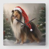 Rough Collie Hond in Sneeuw Kerstmis Vierkante Klok (Voorkant)