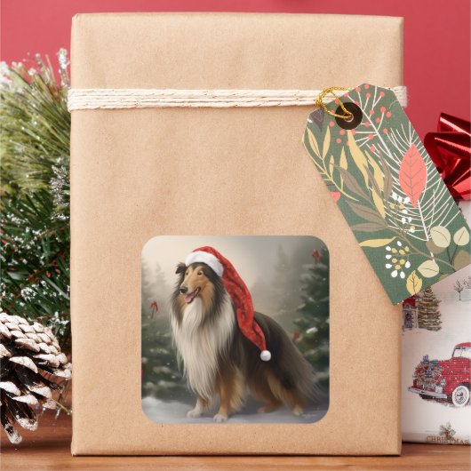 Rough Collie Hond in Sneeuw Kerstmis Vierkante Sticker (Feestdagen)