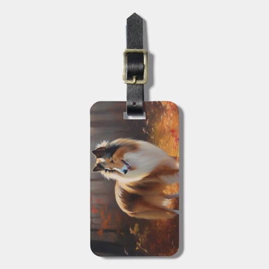 Rough Collie in Autumn Leaves Herfst Inspire Bagagelabel (Voorkant verticaal)