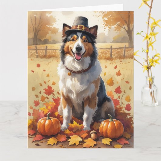Rough Collie in Autumn verlaat Thanksgiving Kaart (Gele Bloem)