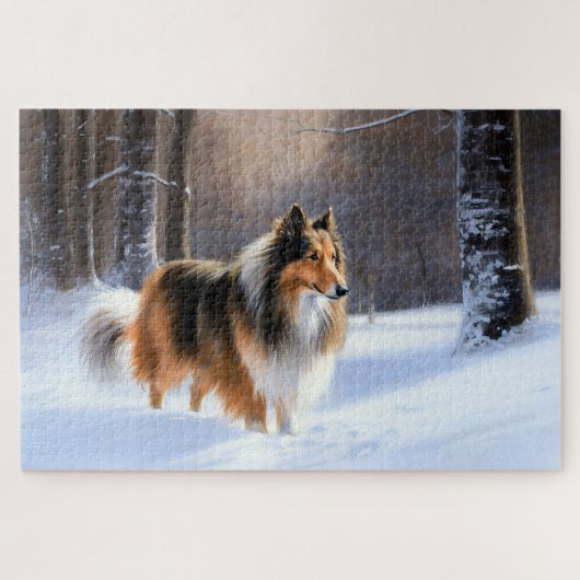 Rough Collie liet het sneeuwen Kerstmis Legpuzzel (Horizontaal)