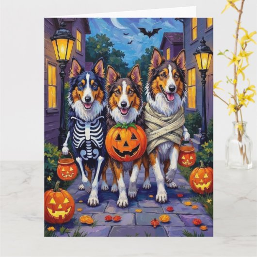 Rough Collie Trick-or-Treating Halloween Costumes Kaart (Gele Bloem)