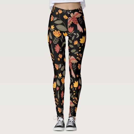 Rouille Or & Fleurs et Oiseaux verts sur Leggings  (Devant)