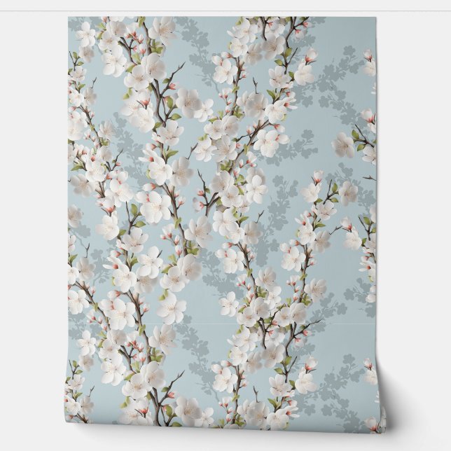 Rouleaux de papier peint doux pastel bleu à fleurs (Déroulement)