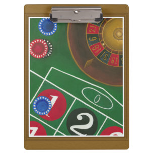 Roulette-tabel met chips en wiel klembord
