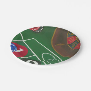 Roulette-tabel met chips en wiel papieren bordje