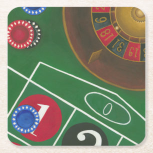 Roulette-tabel met chips en wiel vierkante kartonnen onderzetter
