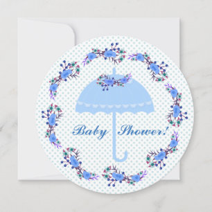 Round Baby Shower Invitation, Blue Umbrella Kaart
